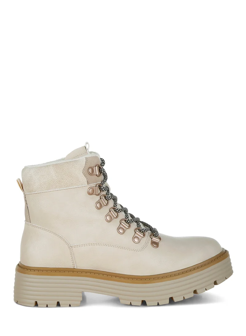 London Rag Women's Lace-Up Chunky Warm Ankle Boots in Beige