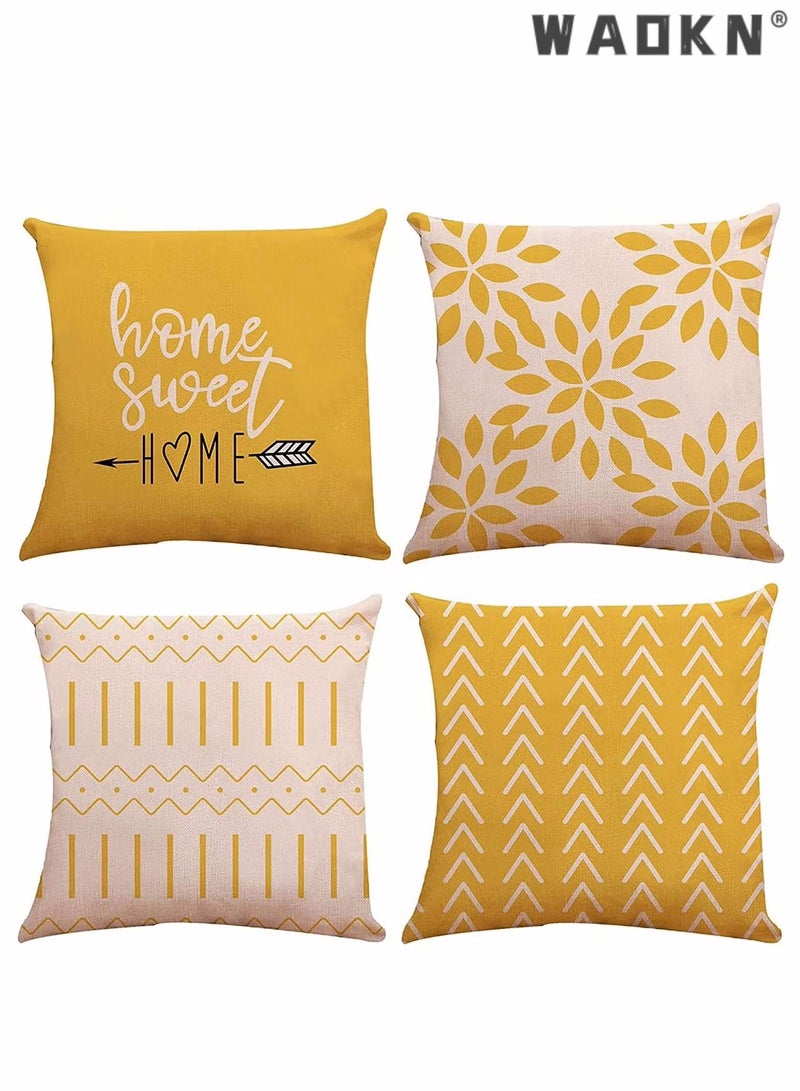 WAOKN Throw Pillow Covers 18x18 Set of 4, Modern Sofa Throw Pillow Cover, Decorative Outdoor Linen Fabric Pillow Case for Couch Bed Car Home Sofa Couch Decoration 45x45cm (Yellow, 18x18, Set of 4) - Image 1