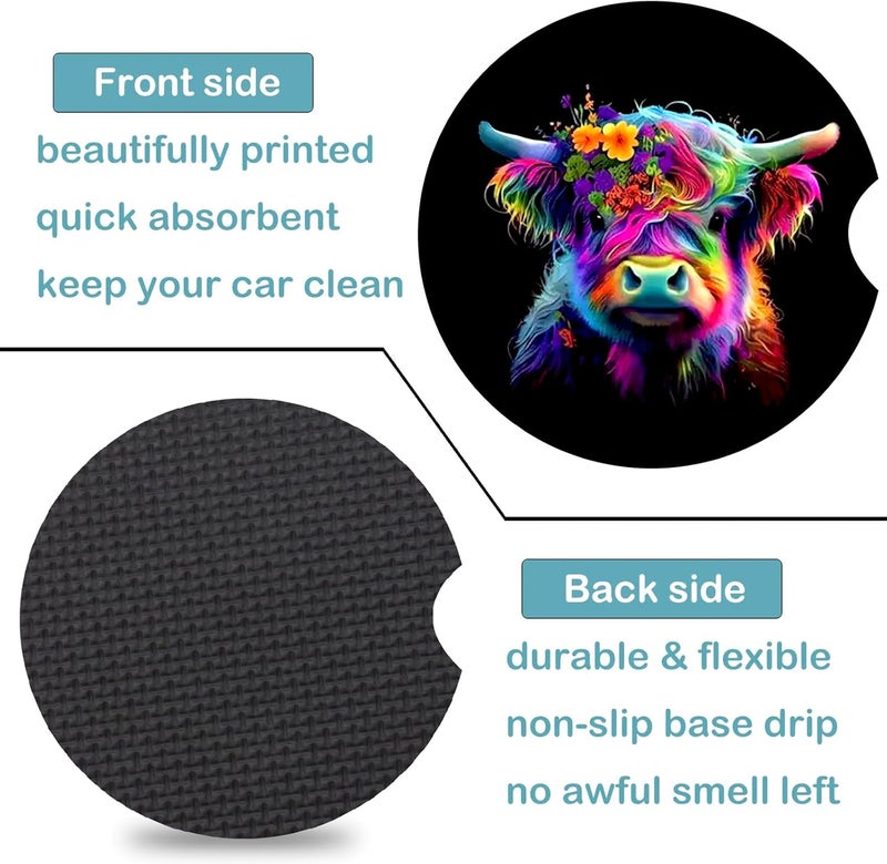 Ldntly Car Coasters for Cup Holders,2 Pack Highland Cow Car Cup Holder Coasters,2.75" Universal Size Anti Slip Rubber Mat,Automotive Cup Holder Decal Decor Accessories,Cow Gifts for Women,Men,Mom,Her - Image 5