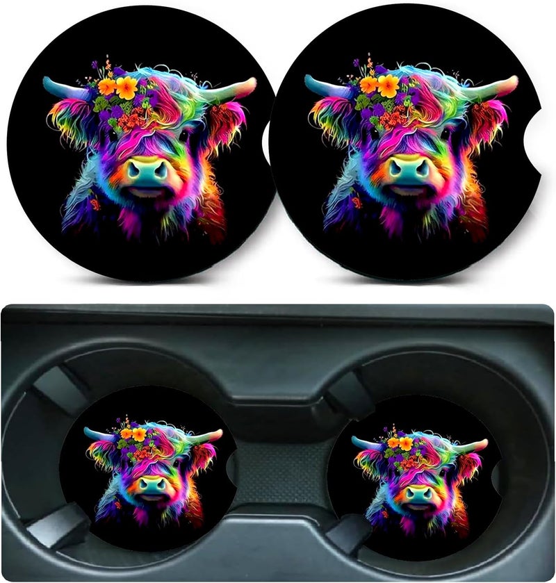 Ldntly Car Coasters for Cup Holders,2 Pack Highland Cow Car Cup Holder Coasters,2.75" Universal Size Anti Slip Rubber Mat,Automotive Cup Holder Decal Decor Accessories,Cow Gifts for Women,Men,Mom,Her - Image 1