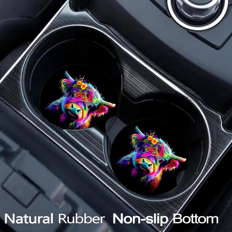 Ldntly Car Coasters for Cup Holders,2 Pack Highland Cow Car Cup Holder Coasters,2.75" Universal Size Anti Slip Rubber Mat,Automotive Cup Holder Decal Decor Accessories,Cow Gifts for Women,Men,Mom,Her - Image 2