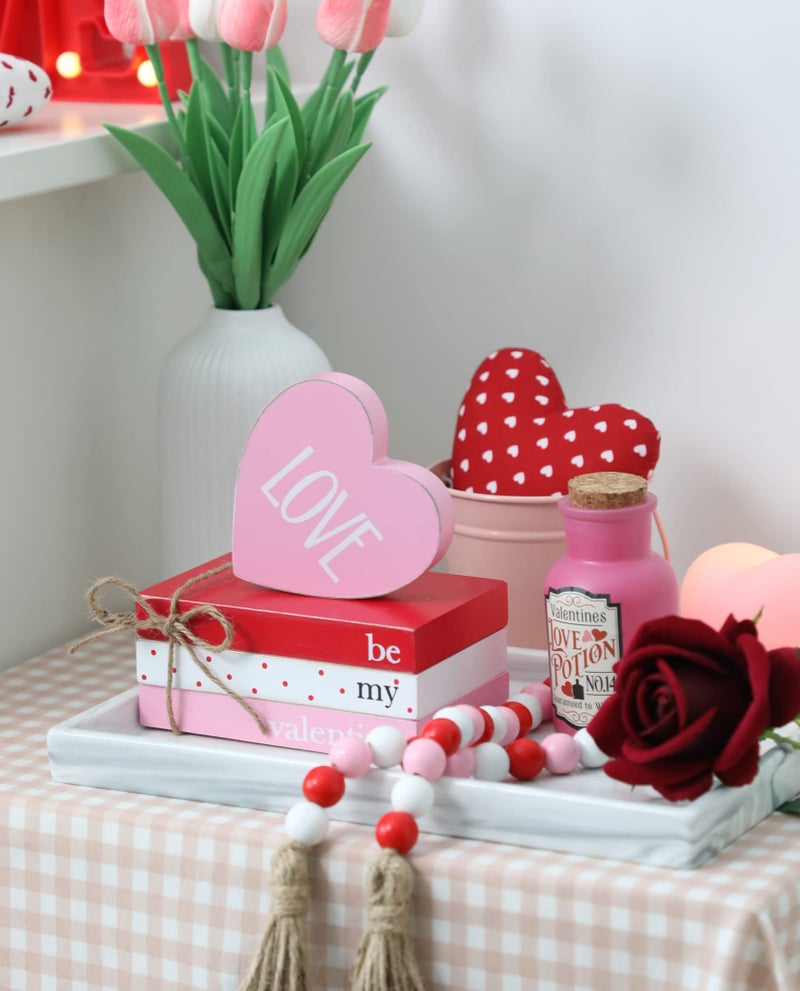 KORMMCO Valentines Day Tiered Tray Decor  Cute Wood Book Stack with Bead Garland for Valentine Decor  Love Be Mine Mini Faux Decorative Books Bundle  Farmhouse Valentine Decor for Table Mantle Shelves - Image 4