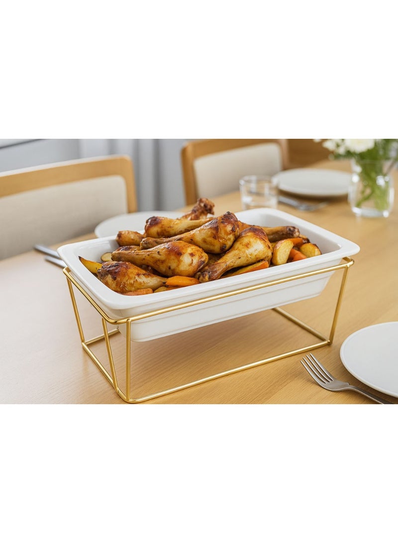 ناما استاند مستطيل معدن ارتفاع 10 سم   ذهبي بطاجن بورسلين ابيض مقاس 33 سم *18سم