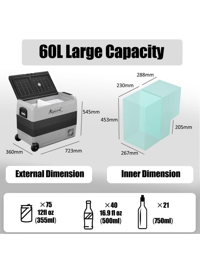 البيكول ثلاجة سيارة محمولة Alpicool T60 سعة 60 لتر، تعمل بتيار 12/24 فولت DC و110–240 فولت AC، تبريد عميق حتى –20 درجة مئوية، مثالية للتخييم والسفر والمنزل - Image 3