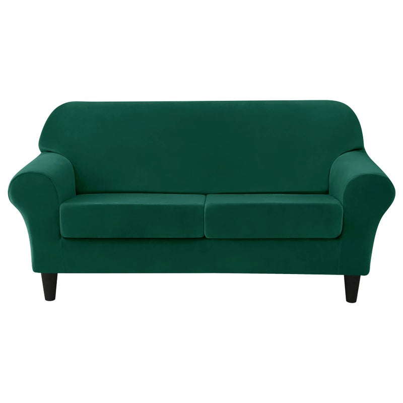 CONRUSER Stretch Sofa Slipcover Soft Velvet Sofa Covers for 2 Cushion Couch Thick Furniture Protector for Pets  Kids Green M