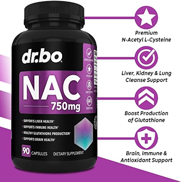dr.bo مكمل NAC ن-أسيتيل سيستين أقراص - 750 ملغ ن أسيتيل سيستين كبسولة فيتامين نقية - صيغة دعم الكبد اليومية لصحة تنظيف الرئة، إزالة السموم من الكلى، مكملات الدماغ والجهاز التنفسي - 90 كبسولة - Image 2
