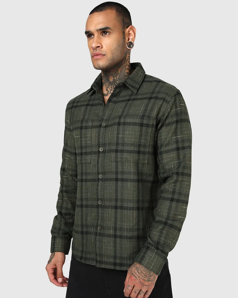 بيواكوف Men's Olive Green Checked Shacket