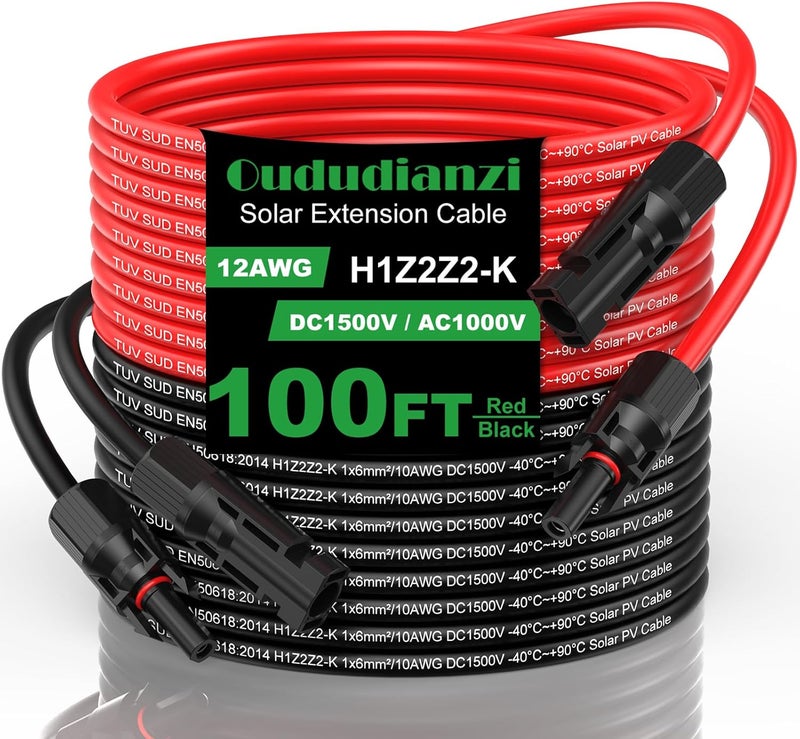 Oududianzi كابل تمديد شمسي 12AWG بطول 100 قدم، سلك نحاسي مطلي بالقصدير 12Gauge، أسلاك ووصلات الألواح الشمسية للاستخدام المنزلي، RV، قوارب، تخييم خارجي، أنظمة ضوئية، مجموعة من 2 - Image 1