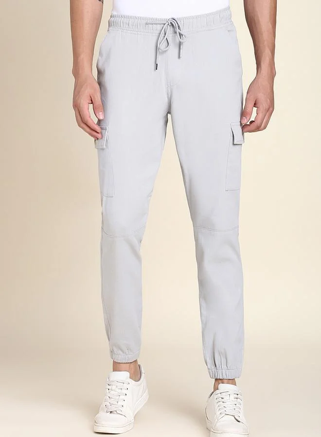 Dennis Lingo Men's Light Grey 100% Cotton Solid Pattern Full Length Slim Fit Trouser