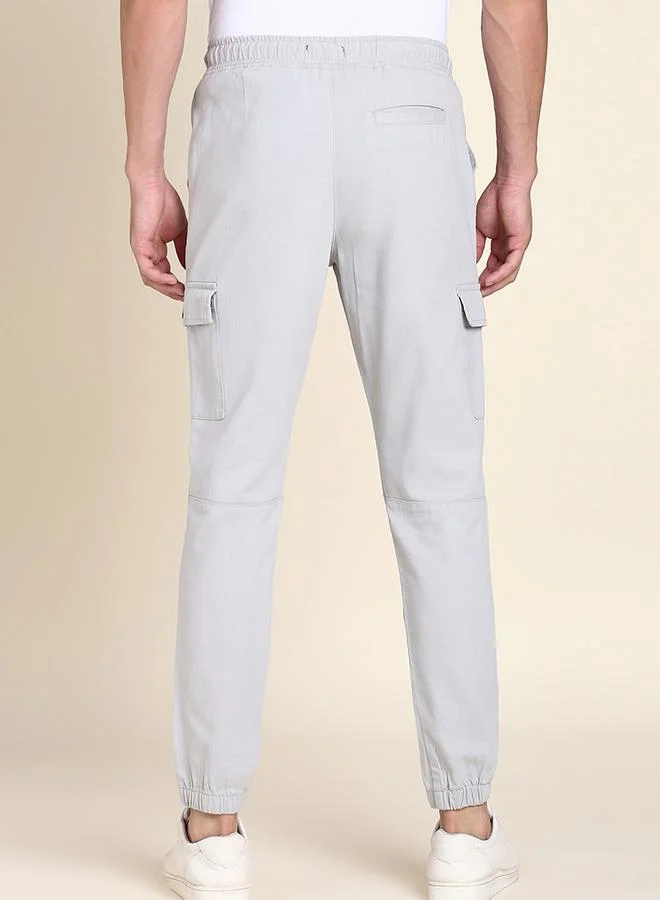 Dennis Lingo Men's Light Grey 100% Cotton Solid Pattern Full Length Slim Fit Trouser