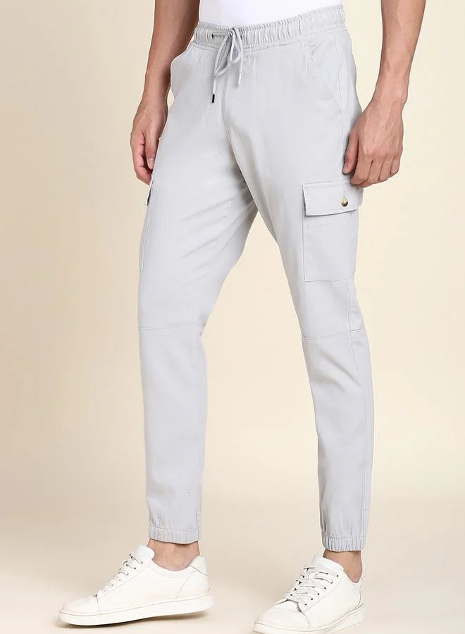 Dennis Lingo Men's Light Grey 100% Cotton Solid Pattern Full Length Slim Fit Trouser
