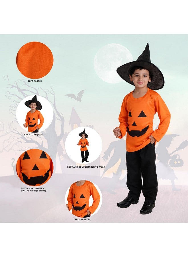 Kaku Fancy Dresses Kaku Fancy Dresses Polyester Pumpkin T-Shirt With Hat Fancy Dress Halloween Costume For Kids, 10-12 Years,Orange  - Image 3