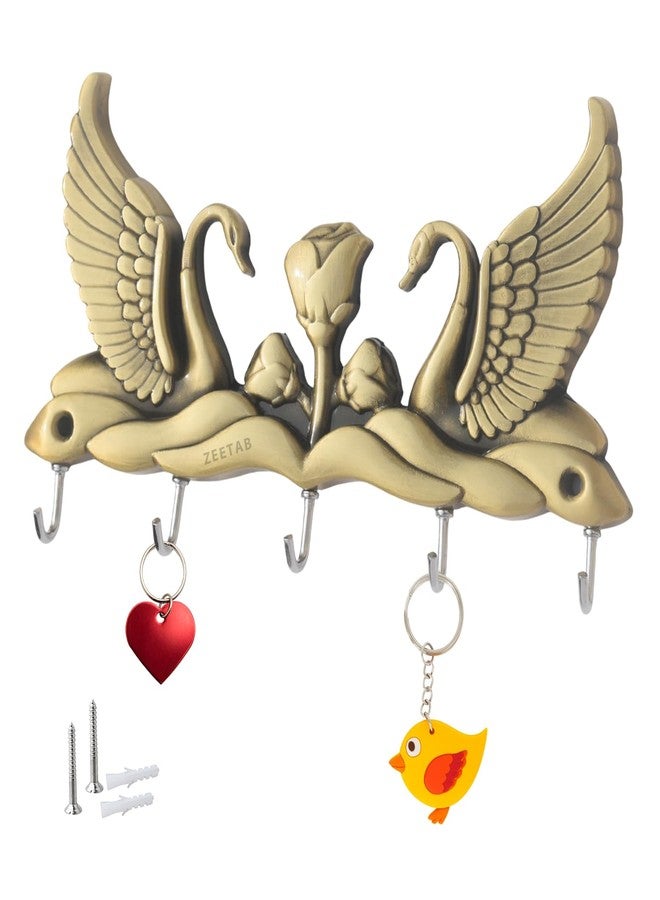 Zeetab Swan Key Holder Stand, Handicraft Metal Love Bird Key Hanger Wall Mount, Home Decor Gift (Antique Brass) - Image 1
