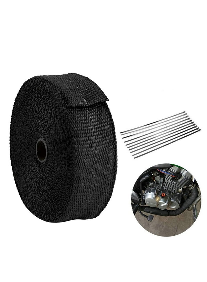 Generic 10M*5cm Black Exhaust Heat Wrap Roll for Motorcycle Fiberglass Heat Shield Tape with Stainless Steel Ties High Temperature Resistance Durable Protection  - Image 1