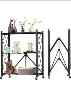 Generic 3-Layer Foldable Storage Rack, White With Universal Wheels, Space-Saving, Multifunctional Kitchen Bathroom Bedroom Storage Rack, Household Lightweight Mobile Storage Rack, Black 72x87.5x37cm  - Image 2