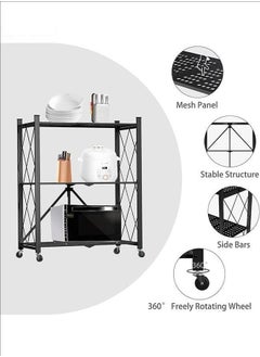 Generic 3-Layer Foldable Storage Rack, White With Universal Wheels, Space-Saving, Multifunctional Kitchen Bathroom Bedroom Storage Rack, Household Lightweight Mobile Storage Rack, Black 72x87.5x37cm  - Image 4