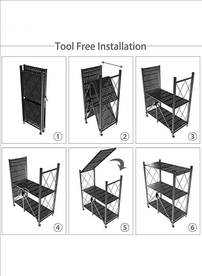 BLOOMING TIME 3-Layer Foldable Storage Rack, Black With Universal Wheels, Space-Saving, Multifunctional Kitchen Bathroom Bedroom Storage Rack, Household Lightweight Mobile Storage Rack, Black 72x87.5x37cm - Image 4