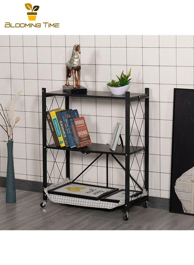 BLOOMING TIME 3-Layer Foldable Storage Rack, Black With Universal Wheels, Space-Saving, Multifunctional Kitchen Bathroom Bedroom Storage Rack, Household Lightweight Mobile Storage Rack, Black 72x87.5x37cm - Image 1