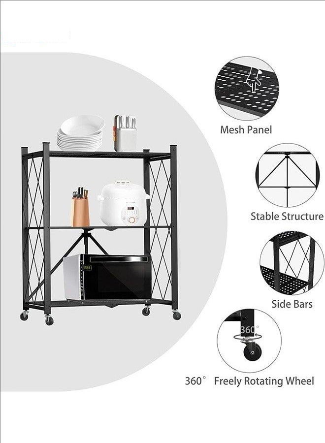 BLOOMING TIME 3-Layer Foldable Storage Rack, Black With Universal Wheels, Space-Saving, Multifunctional Kitchen Bathroom Bedroom Storage Rack, Household Lightweight Mobile Storage Rack, Black 72x87.5x37cm - Image 5
