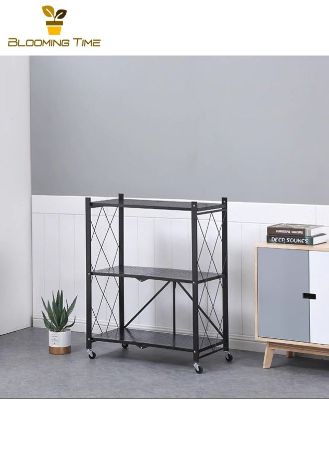 BLOOMING TIME 3-Layer Foldable Storage Rack, Black With Universal Wheels, Space-Saving, Multifunctional Kitchen Bathroom Bedroom Storage Rack, Household Lightweight Mobile Storage Rack, Black 72x87.5x37cm - Image 2