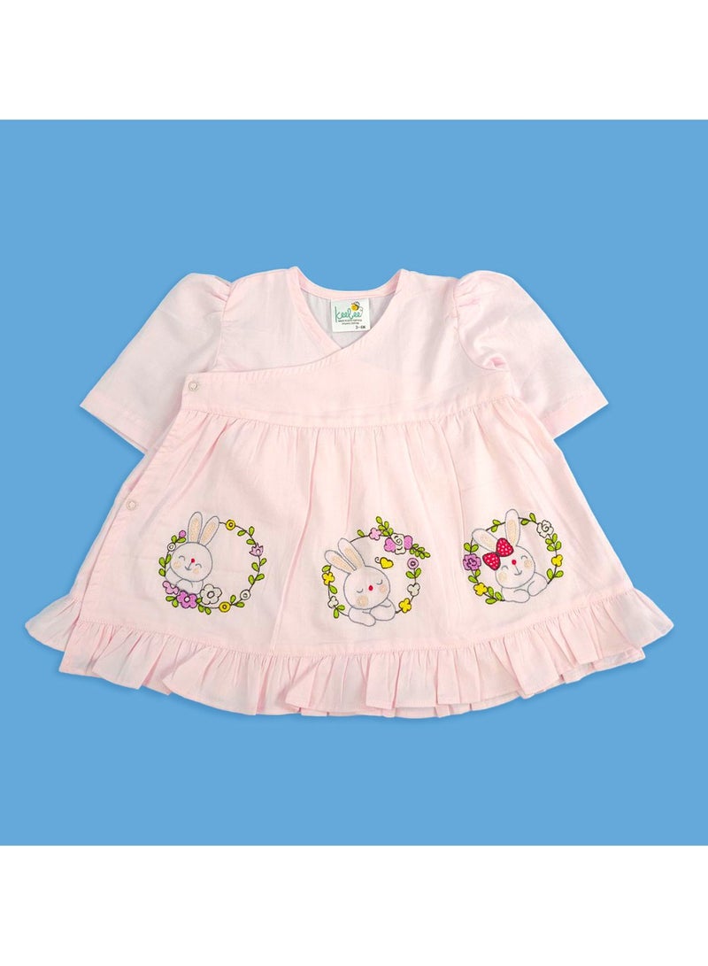 Keebee Organic Cotton Rabbits Embroidered Pink Puff Sleeve Girls Wrap Dress - Image 1