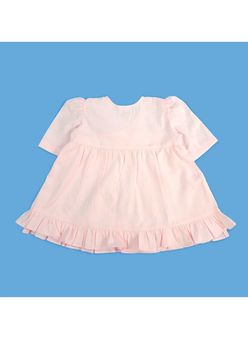 كيبي فستان بناتي قطن عضوي مطرز بأرانب وأكمام منفوشة وردية