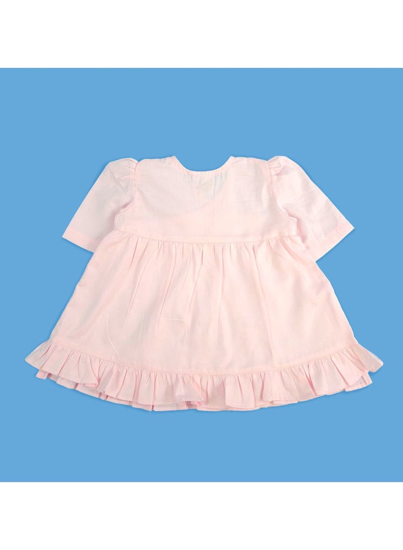 Keebee Organic Cotton Rabbits Embroidered Pink Puff Sleeve Girls Wrap Dress - Image 2