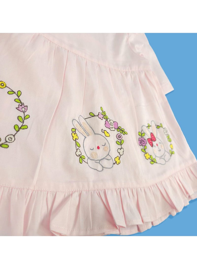 Keebee Organic Cotton Rabbits Embroidered Pink Puff Sleeve Girls Wrap Dress - Image 3