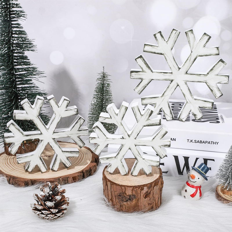 Whaline 3Pcs Winter Wooden Snowflake Table Decor Retro Assorted Sizes Christmas Snowflake Block Signs Farmhouse Snowflake Tabletop Centerpiece Tiered Tray Decor for Holiday Home Party Supplies