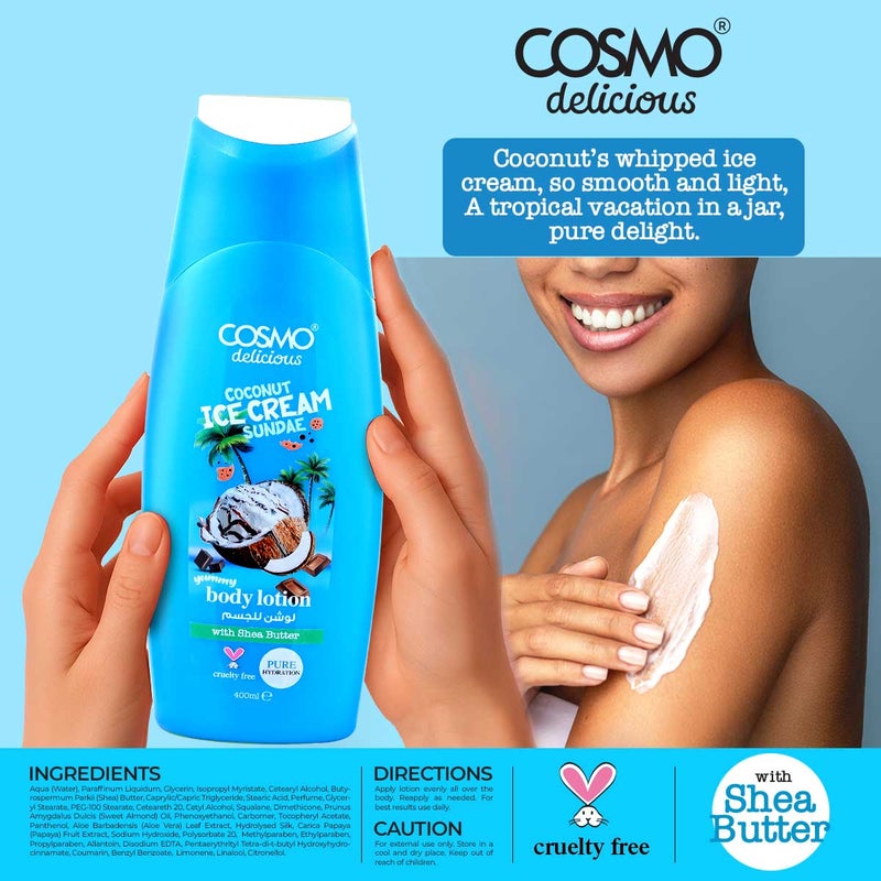 Cosmo Skin Care Delicious Coconut Ice Cream Sundae 3 Pieces Gift Set For Women & Men, 150ml Fragrance Mist, 350ml Aloe Vera Shower Gel, 200ml Shea Butter Body Lotion, Coconut & Vanilla Fragrance - Image 5