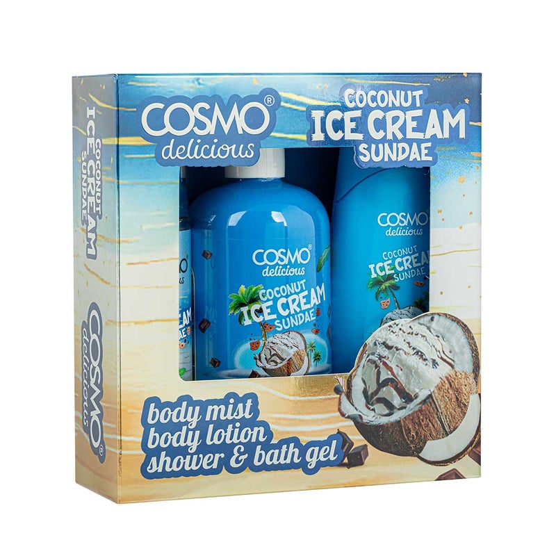 Cosmo Skin Care Delicious Coconut Ice Cream Sundae 3 Pieces Gift Set For Women & Men, 150ml Fragrance Mist, 350ml Aloe Vera Shower Gel, 200ml Shea Butter Body Lotion, Coconut & Vanilla Fragrance - Image 1