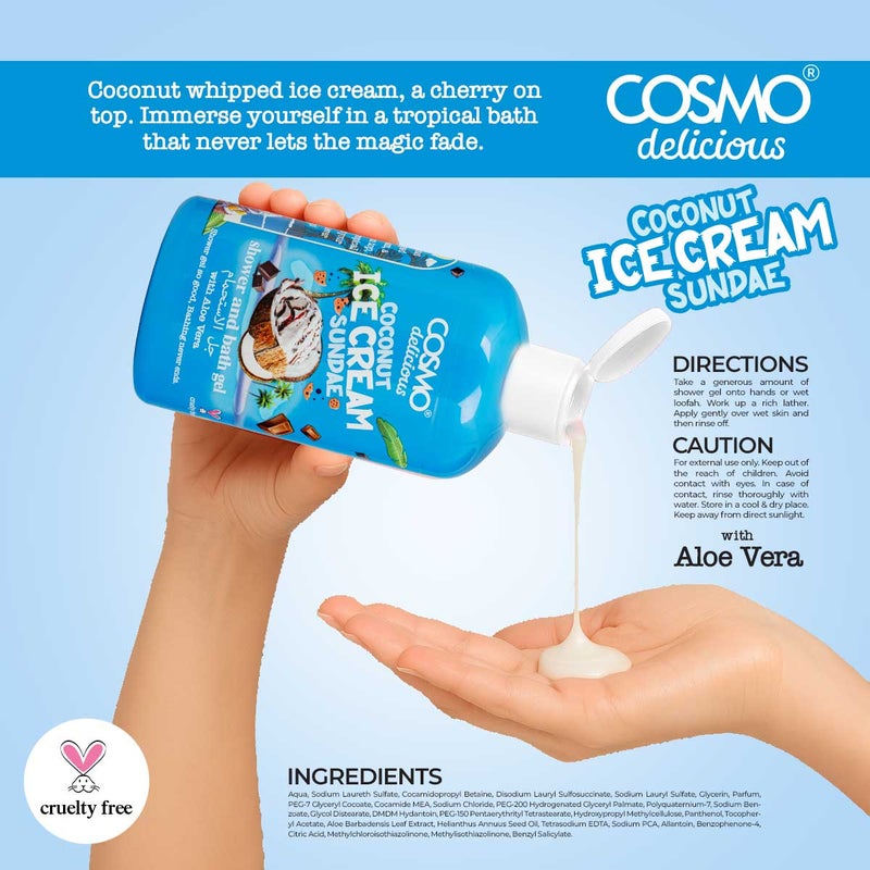 Cosmo Skin Care Delicious Coconut Ice Cream Sundae 3 Pieces Gift Set For Women & Men, 150ml Fragrance Mist, 350ml Aloe Vera Shower Gel, 200ml Shea Butter Body Lotion, Coconut & Vanilla Fragrance - Image 4