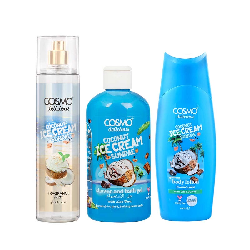 Cosmo Skin Care Delicious Coconut Ice Cream Sundae 3 Pieces Gift Set For Women & Men, 150ml Fragrance Mist, 350ml Aloe Vera Shower Gel, 200ml Shea Butter Body Lotion, Coconut & Vanilla Fragrance - Image 2