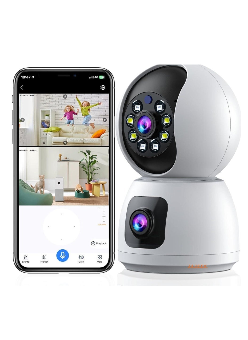 JAJEEK JAJEEK Dual Lens Indoor Security Camera Rotation Wireless Smart Security Camera With Motion Tracking Extended Viewing Angle Dual Screen Audio And Mobile Alerts Enhanced Home Monitoring And Protection Z603465649123B0EBCA31Z
