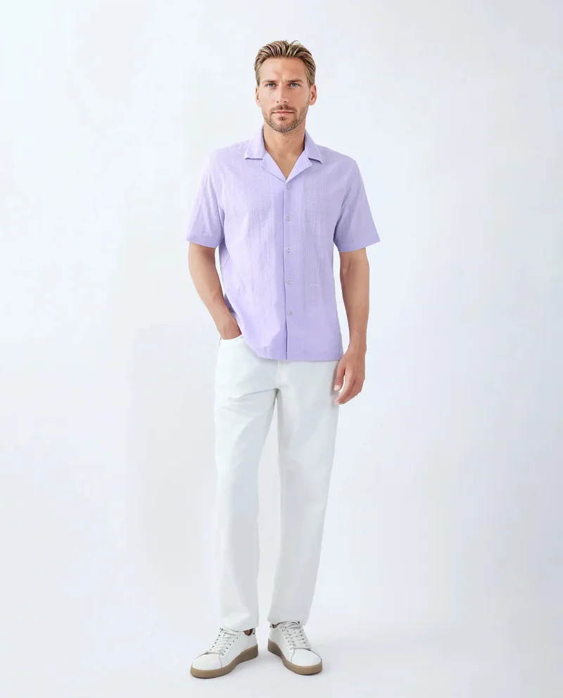 Rare Rabbit Rare Rabbit Men's Dara Pastel Purple Cotton Fabric Half Sleeve Cuban Collar Button Closure Boxy Fit Checked Shirt