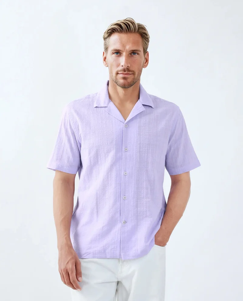 Rare Rabbit Rare Rabbit Men's Dara Pastel Purple Cotton Fabric Half Sleeve Cuban Collar Button Closure Boxy Fit Checked Shirt