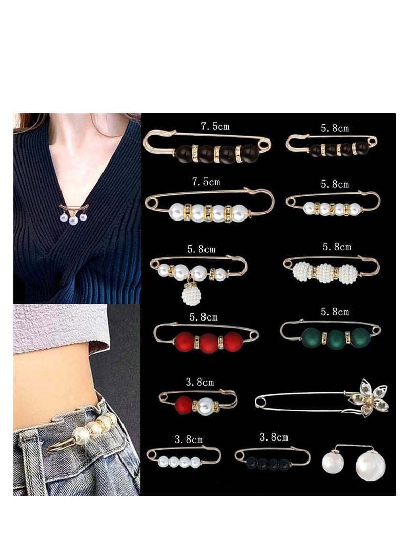13Pcs Pearl Brooches, Fashion Sweater Shawl Clips Muslim Scarf Hijab Pins, Imitation Pearl Collar Waist Pants Safety Pins For Women Girls, Neckline Pins Clothing Dress Decorative Accessories - Image 1