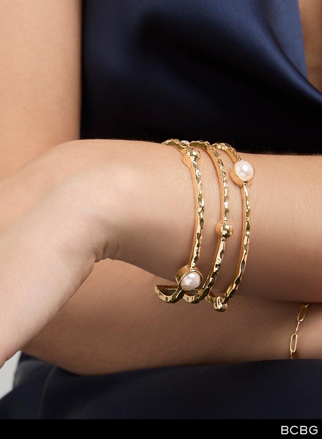 BCBG Pearl Cuff Bracelet for Women, Gold-Tone Open Cuff Bracelet with Round Pearl Accents - Image 4