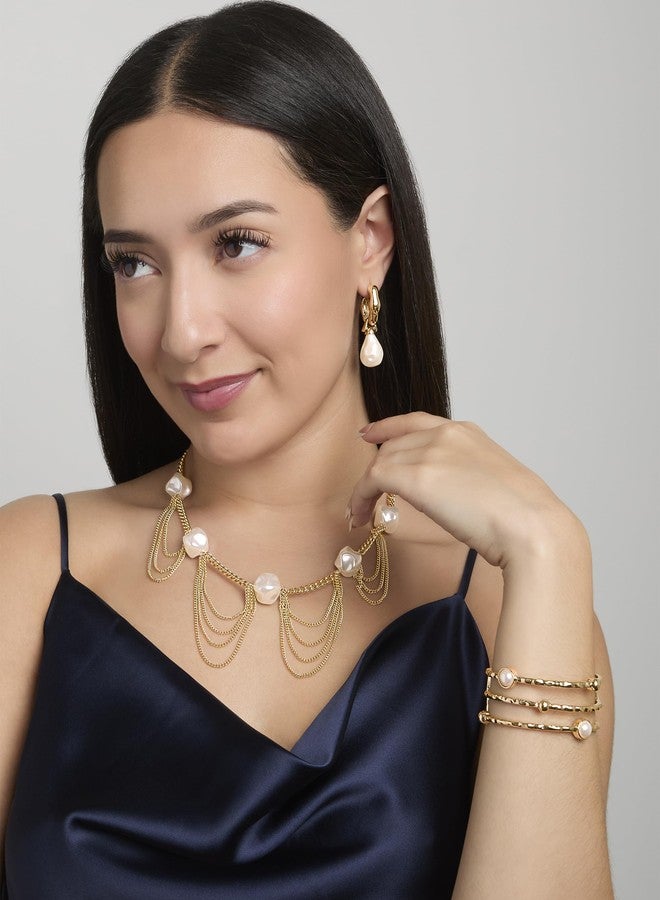 BCBG Pearl Cuff Bracelet for Women, Gold-Tone Open Cuff Bracelet with Round Pearl Accents - Image 2