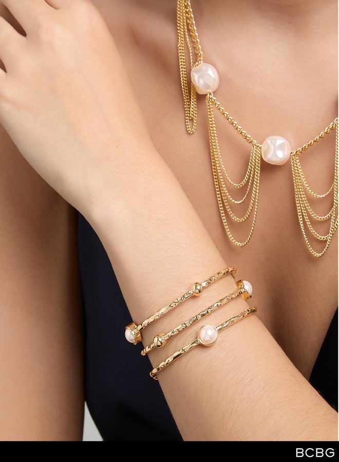 BCBG Pearl Cuff Bracelet for Women, Gold-Tone Open Cuff Bracelet with Round Pearl Accents - Image 3