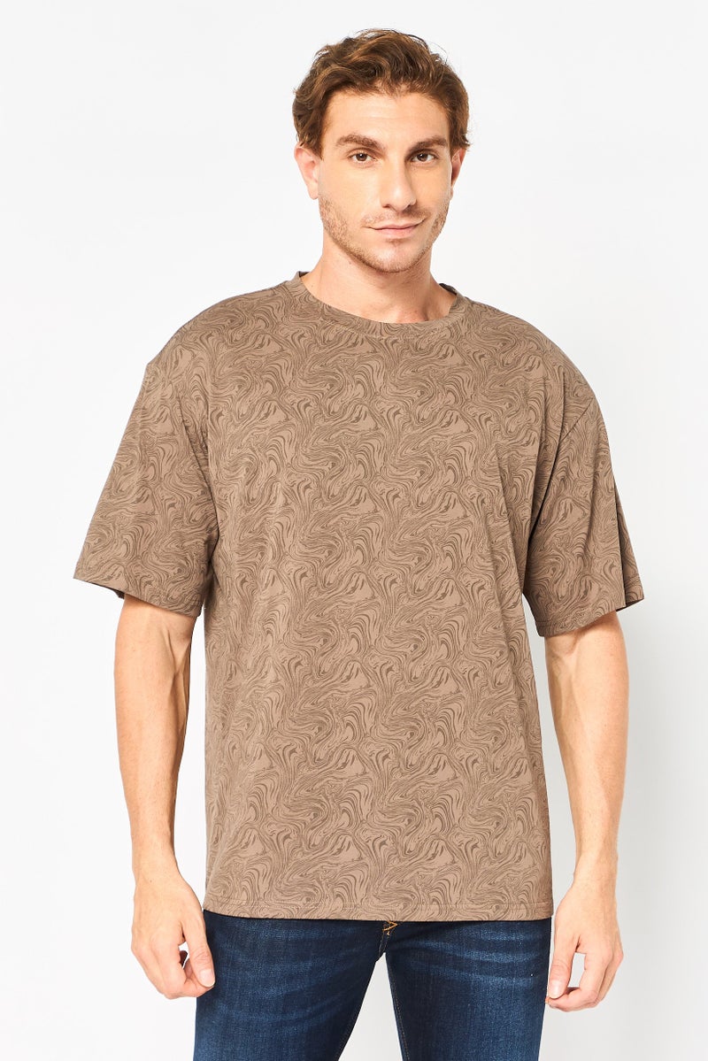 Core Elements Men Crew Neck Abstract Print Short Sleeve T-Shirt, Brown - Image 1