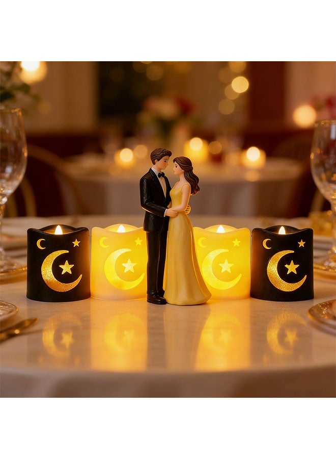 شموع LED صغيرة تعمل بالبطارية، مثالية لعيد الفطر ورمضان، 4 قطع. شموع LED صغيرة تعمل بالبطارية، بدون دخان أو لهب، مع إضاءة ليلية كهربائية على شكل نجمة وقمر. هدية مثالية لعيد الفطر المبارك. طقم شموع صغير واقعي لتزيين المنزل في رمضان. - Image 3