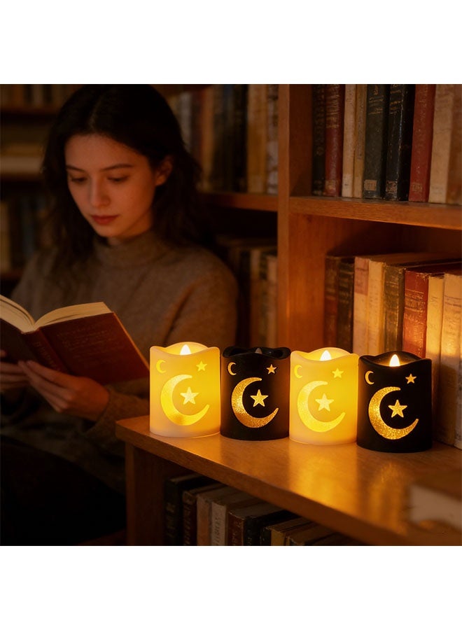 شموع LED صغيرة تعمل بالبطارية، مثالية لعيد الفطر ورمضان، 4 قطع. شموع LED صغيرة تعمل بالبطارية، بدون دخان أو لهب، مع إضاءة ليلية كهربائية على شكل نجمة وقمر. هدية مثالية لعيد الفطر المبارك. طقم شموع صغير واقعي لتزيين المنزل في رمضان. - Image 4