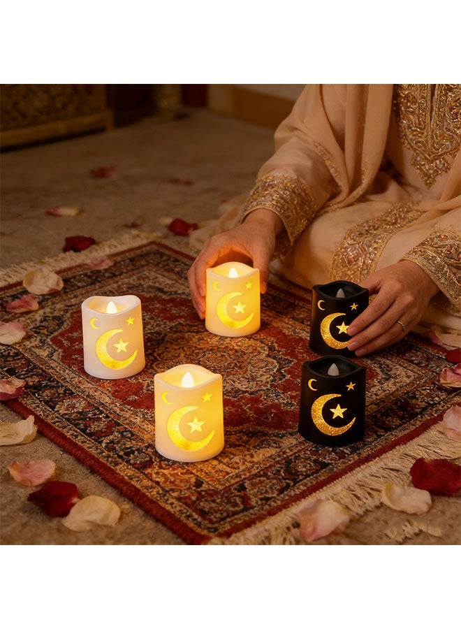 شموع LED صغيرة تعمل بالبطارية، مثالية لعيد الفطر ورمضان، 4 قطع. شموع LED صغيرة تعمل بالبطارية، بدون دخان أو لهب، مع إضاءة ليلية كهربائية على شكل نجمة وقمر. هدية مثالية لعيد الفطر المبارك. طقم شموع صغير واقعي لتزيين المنزل في رمضان. - Image 5