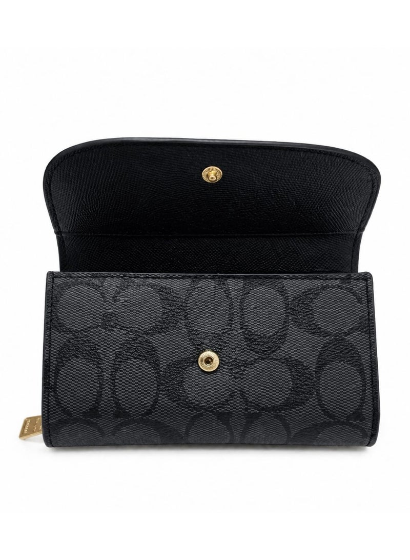 coachoutlet COACH Women's Premium Leather Wallet – Gray with Signature Embossed Pattern & Gold Zipper - Image 4