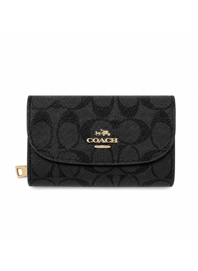 coachoutlet COACH Women's Premium Leather Wallet – Gray with Signature Embossed Pattern & Gold Zipper - Image 1