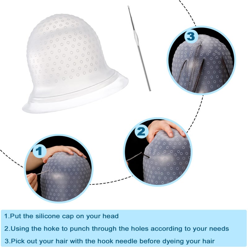 FRIUSATE Hair Coloring Highlighting Cap, 2 Pieces Silicone Highlight Cap Pull Through Caps Hair Coloring Frosting Cap with Hook, Hair Highlighting Kit Gloves and Brush for Salon Tools Women Men - Image 3