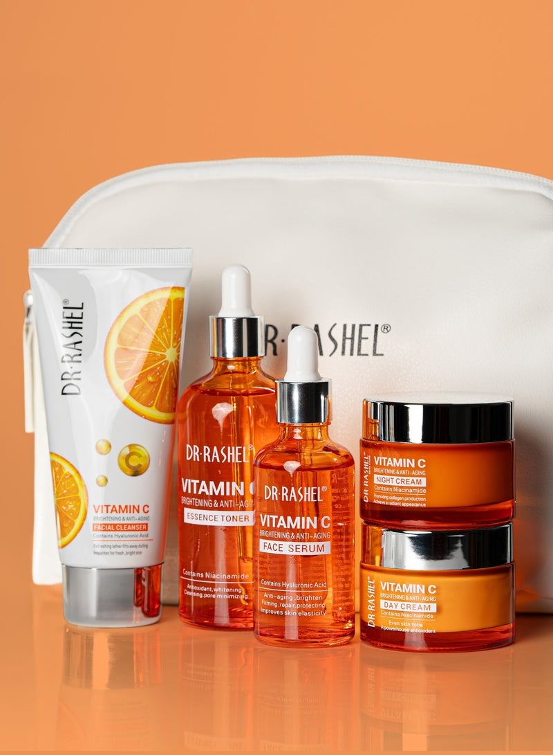 DR. RASHEL Vitamin C Skin Care Pouch – 5 Pcs Set, Face Cream, Serum, Day Cream, Night Cream, Cleanser And Toner Brightening, Anti-Aging, Hydrating Skincare Kit for Glowing Skin CMkg - Image 1