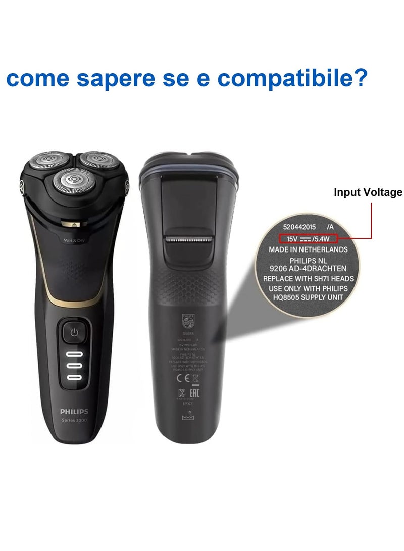 15V Charger Fit for Philips Shaver Norelco HQ8505 UK Series 3000 5000 7000 9000 2000 MG5950 MG7750 Phillips Electric Shaver Razor Multigroom Beard Trimmer Charging Power Cord