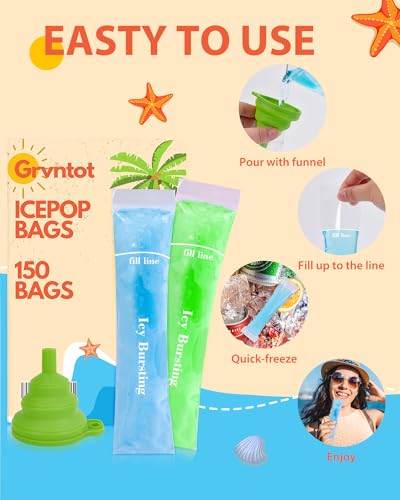 Grvntot 150 Disposable Ice Popsicle Mold Bags (8x2") for DIY Natural Fruit Snacks, Juice & Smoothies, Ice Pops Molds | BPA-Free, Zip Seals, Funnel Included - Image 4